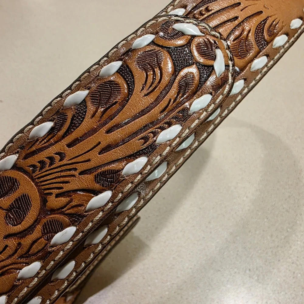 Vtg Tooled Leather Belt Mens 40, 1.75